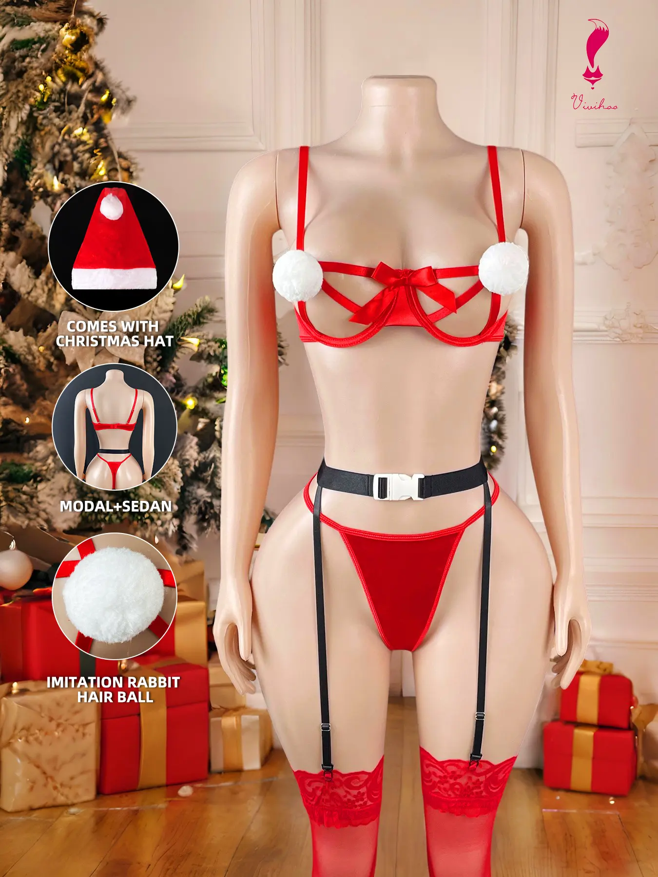 Christmas Women's Underwear Set 6-Piece with Santa Hat, Anti-Furry Ball, Soft Comfortable Fabric, Perfect for Intimate Moments