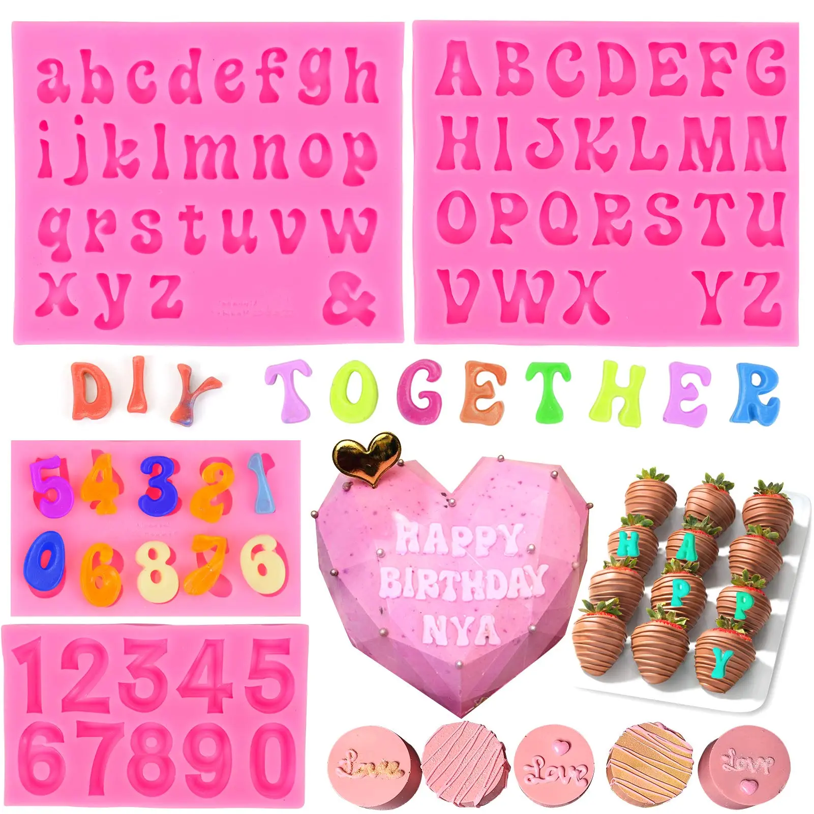 4 Pcs Letter Molds for Chocolate Covered Strawberries,Silicone Uppercase Lowercase Alphabet Number Fondant Mold for Making Candy,Gummy,Biscuit,Ice Cube Tray,Cake Decor,Christmas Party Gifts,Hand Tools Kits