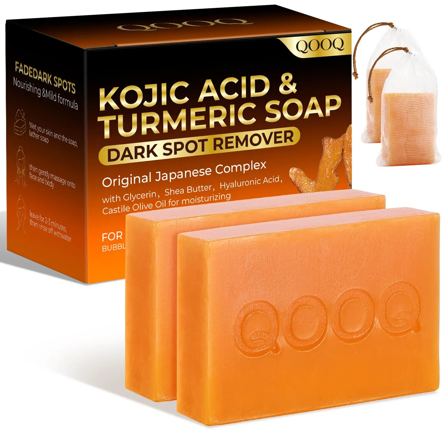 QOOQ Turmeric Kojic Acid Soap for Dark Spots Remover – Facial Cleansing Bar with Vitamin C, Retinol, Collagen, Vitamin E, Glycerin, Shea Butter & Castile Olive Oil – Soap for Women & Men (120g x 2)