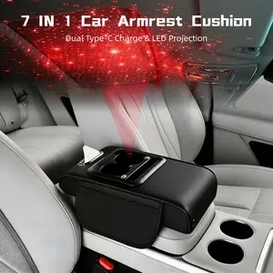 7 in 1 Car Armrest Pad with LED Starry Sky Light Projection, 14x8x3 inch Dual Type-C Charging Ports, Leather Console Cushion with Cup Holder Side Storage Bags, Tissue Holder Box Slot Universal for Most Car SUV Sedan Pickup Truck