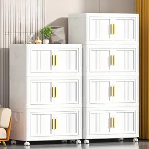New (58CM) Pure white new free stacking folding storage cabinet Multi-layer household storage cabinet Plastic free installation snack cabinet wardrobe toy building blocks storage box
