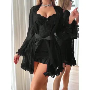 2pcs Set: Womenswear 3D Floral Lace Robe + Fishbone Waist Design Lace Camisole Nightgown Lace Robe Set Lace Lingerie Set Lingerie Robe Lace Sleepwear Lingerie With Sleeves