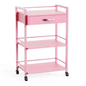 OmySalon Salon Trolley Cart with Wheels, Esthetician Cart with 1 Drawer & 2 Trays, Mobile Storage Organizer for Beauty Spa Massage Tattoo Esthetic Facial Tool Holder Station