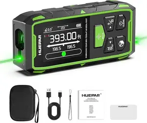 Huepar Dual Laser Measuring Tool, 393Ft Green-Beam Bilateral Digital Laser Distance Measure 6 Units Ft/in/M, Rechargeable Laser Measurement Tool -Backlit LCD Display, Length/Area/Volume/Angle Sensor
