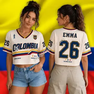[Custom Number] Retro Colombia Football Crop Top, Custom Personalized Soccer Fan Jersey, Sports Fan Apparel Top, Gift For Fans, Women's Athletic Tee