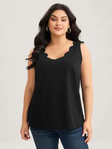 BLOOMCHIC Women's Plus-Size Solid V-Neck Laser Cut Tank Top - Sleeveless Fitted Elegant Everyday Wear, Medium-Stretch Polyester-Spandex Blend, Brown/Black, Basic Minimalist, Arm Freedom, 2026 Summer Vibes,Plus Size Tops,summerwi Womenswear Vneck