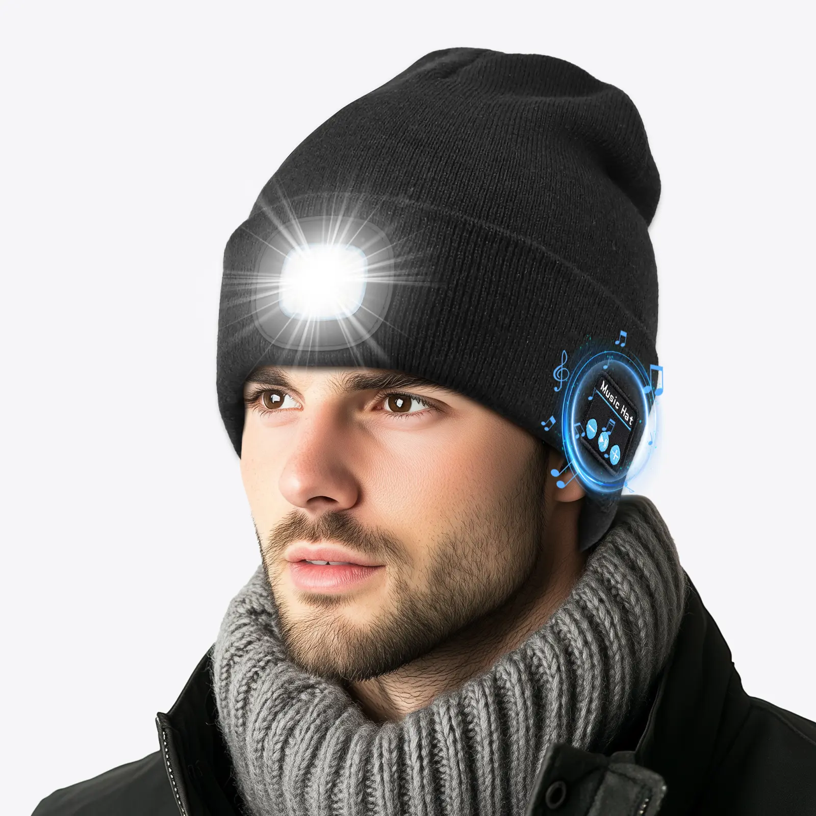 Unisex Bluetooth 5.0 LED Knit Beanie - Rechargeable, Thermal Lined, Lightweight, High Fidelity Stereo Speakers, Warm, Brimless, LED Lights, Stable Bluetooth Connection, All Seasons, for Running, Sports Accessory, Men's/Women's Gift Hat