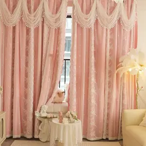 European Embroidered Double Layer Curtain, Wave Lace Trim, 100% Light Blocking, Minimalist Style Drapes for Living Room Bedroom Home Decor, Window Curtain, Home Decoration Curtain