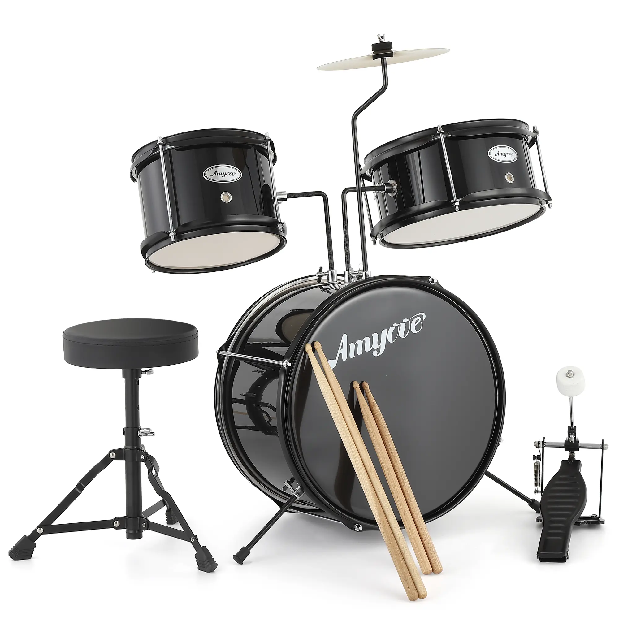 3-Piece Beginner Kids Electronic Drum Set, Complete Percussion Kit with Cymbal, Tom, Bass Drum & Pedal, Drumsticks and Adjustable Stool, Junior Musical Instrument for Boys Girls, Black