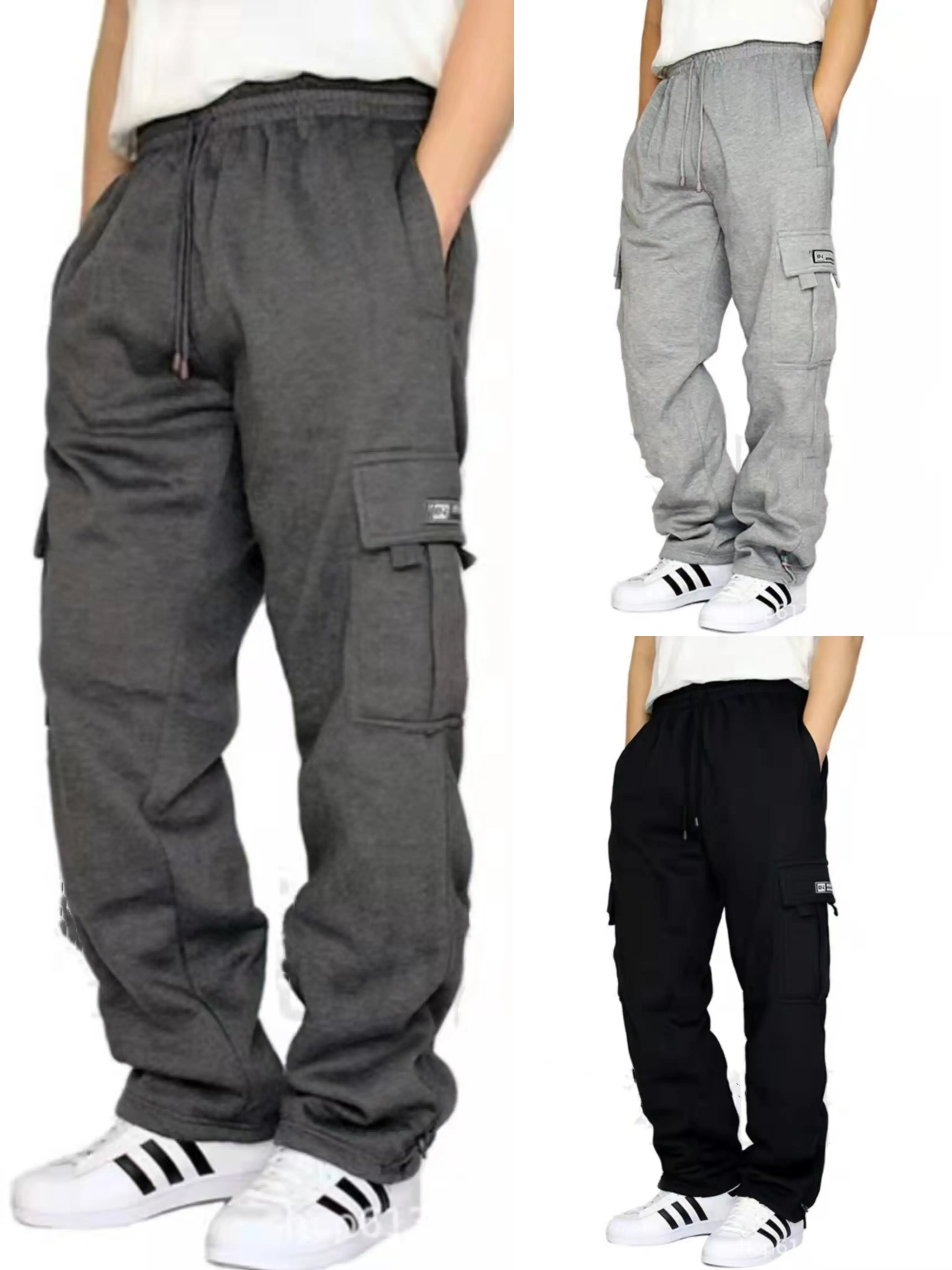 Men's Heavyweight Cargo Sweatpants Relaxed Fit Fleece Pants with Drawstring for Outdoor Jogging Gym Fitness Everyday Wear Casual Menswear