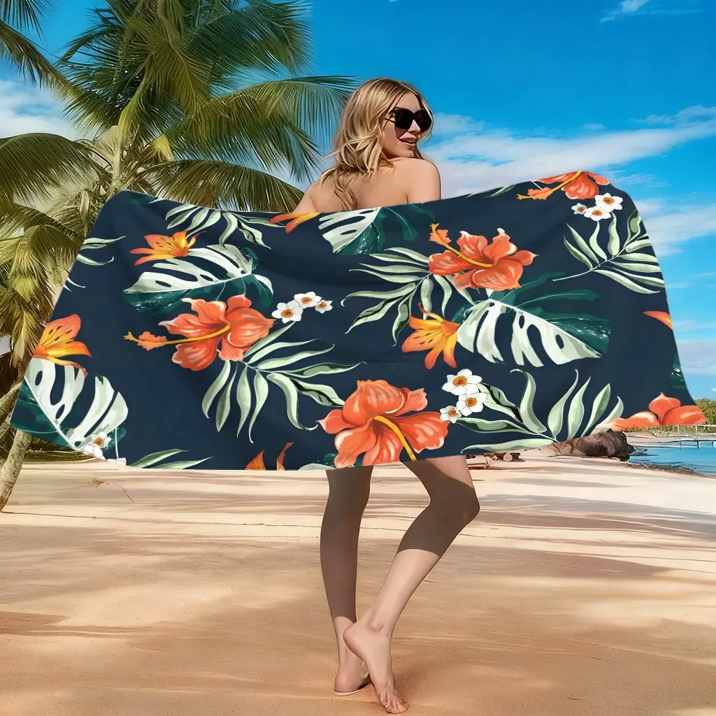 1pc Bamboo Back Flower Cartoon Beach Towel, Digital Print Microfiber Super Absorbent Towel, Reusable for Beach Travel Swimming