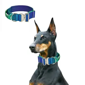 Heavy-duty dog collar (blue and green gradient, 3.8cm wide) Comfort control tactical dog collar, high-quality three-layer thickened durable design, ultimate comfort