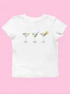 Women's Beverage Print Round Neck Crop Tee, Casual Short Sleeve Crew Neck T-shirt for Daily Wear, Ladies Clothes for All Seasons