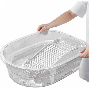 Portable Washboard & All-in-One Laundry Basin Set - Heavy-Duty Wash Board for Hand Washing Clothes |     Built-in Scrub Surface, Drain Plug for Camping, RV, Emergency Use (Transparent White, 16 in)