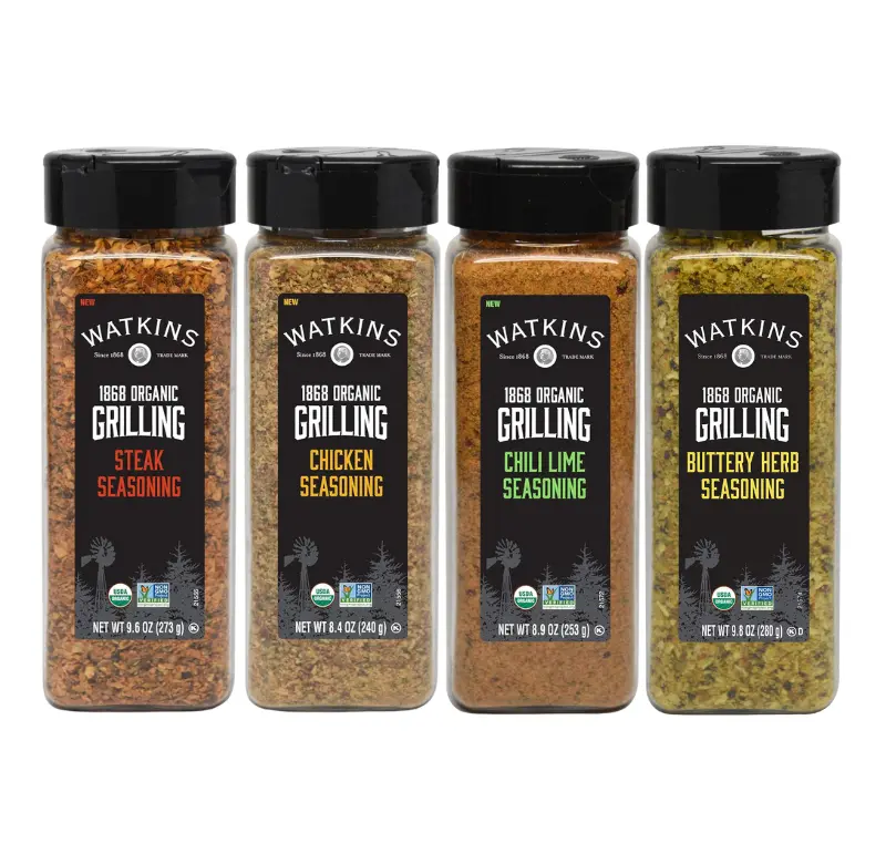 Watkins 1868 Organic Grilling Seasoning Spice Kit Includes Savory Steak, Chicken, Chili Lime, & Buttery Herb Seasonings 9.0 oz Each Premium Spice Blends Seasoning Variety Pack for Startups cabinet BBQ Seafood Flavor Seasoning for Grilling Starter Set Gift