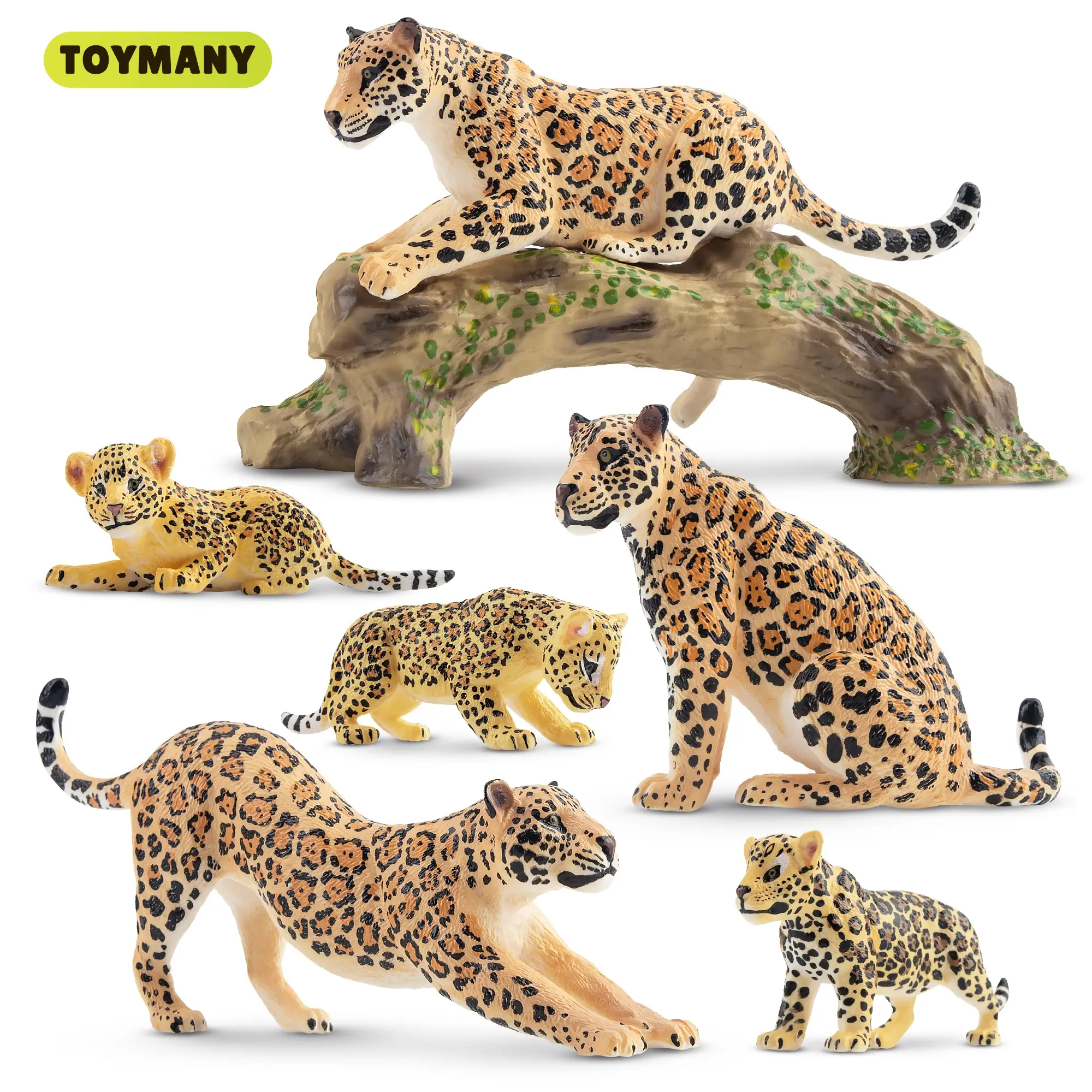 TOYMANY 7PCS Realistic Look Figurine Animals Playset - Durable PVC Solid Plastic Unisex Set with Cub, 1 Tree Trunk, Cute Collectibles, Educational Jungle Cake Toppers, Kids’ Gift Ideas