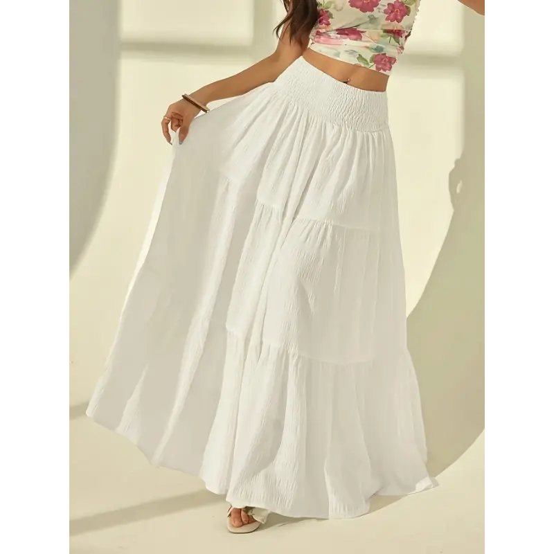 Women's A-Line Maxi Skirt with Ruffled Hem, Elegant Solid White Textured Fabric with a Lightweight Shirred Waist for Summer Vacations, Long Skirt, Ruffle Trim Skirt