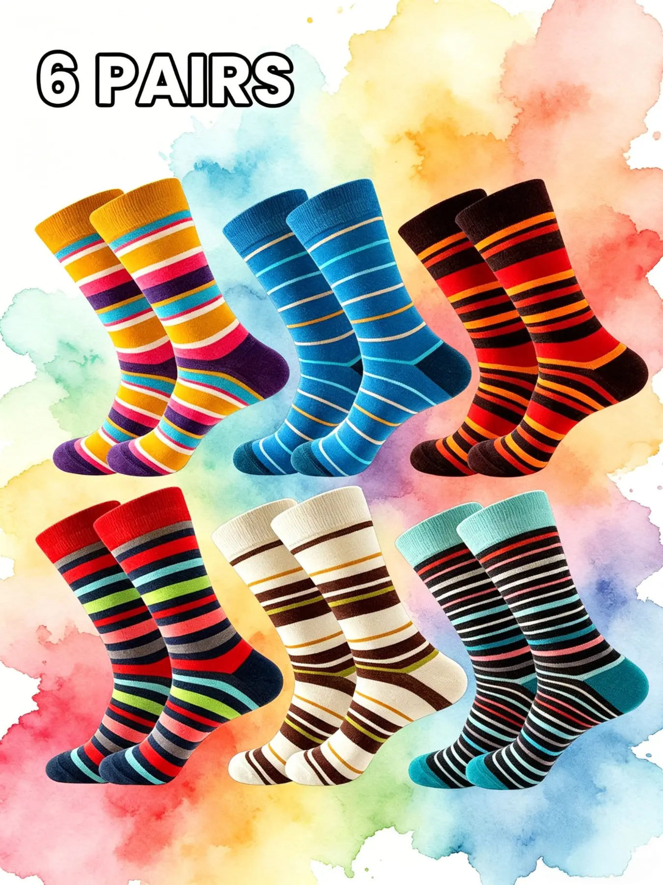6 Pairs Men's Socks, Sock Packs, Multicolor Random, All Seasons, Colorful Stripes, Fashionable, Comfortable, Sweat-Wicking, Casual Mid-Calf Socks, Casual Stylish Socks