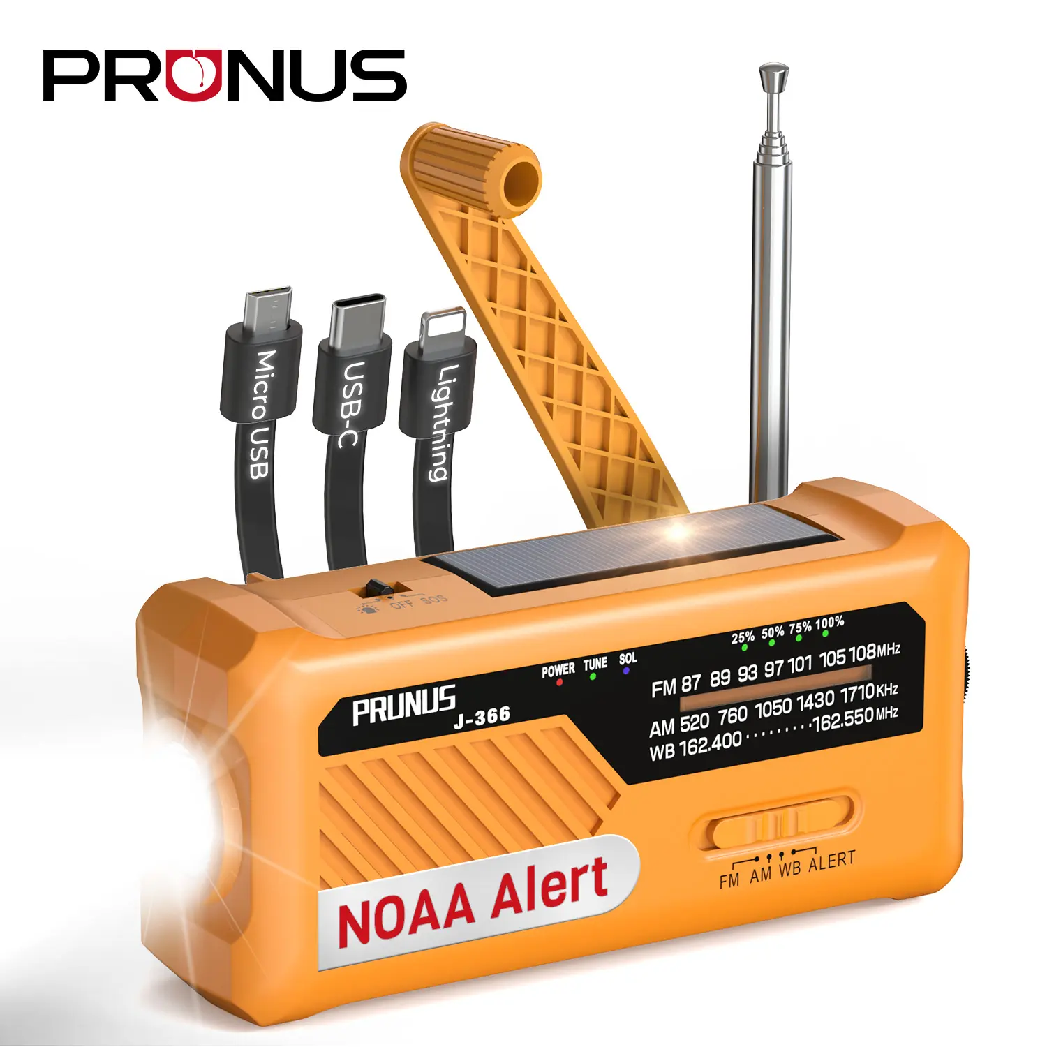 PRUNUS J-366 Emergency Radio with 3 Charging Cables, NOAA Weather Alert | 7400mWh/Solar/Hand Crank/USB-C Charging, Battery Operated, WB/AM/FM, SOS Alarm, Flashlight, Compact for Bag, NOAA Radio