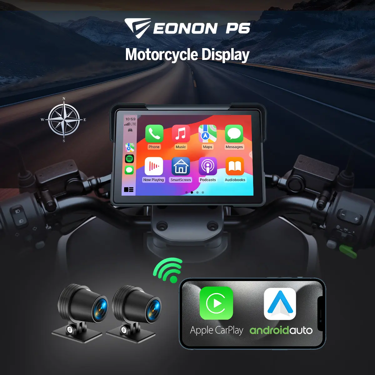 EONON Motorcycle CarPlay & Android Auto Display, Dual Bluetooth, 4K+1K Front Rear DVR Cameras, 7" Motorbike IPS Screen with Navigation, TPMS, Speed/Compass/Time Display, IP68 Waterproof, 64GB TF Card, fathersdaygift - P6