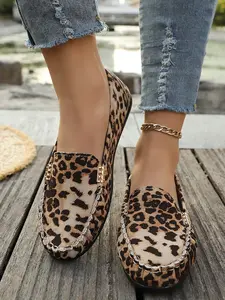 Spring Summer New Large Size Comfortable Soft Flat Leopard Print Textile Women Bean Shoes, Footwear Casual All-Season Lightweight Slip-On Loafers Walking Shoes