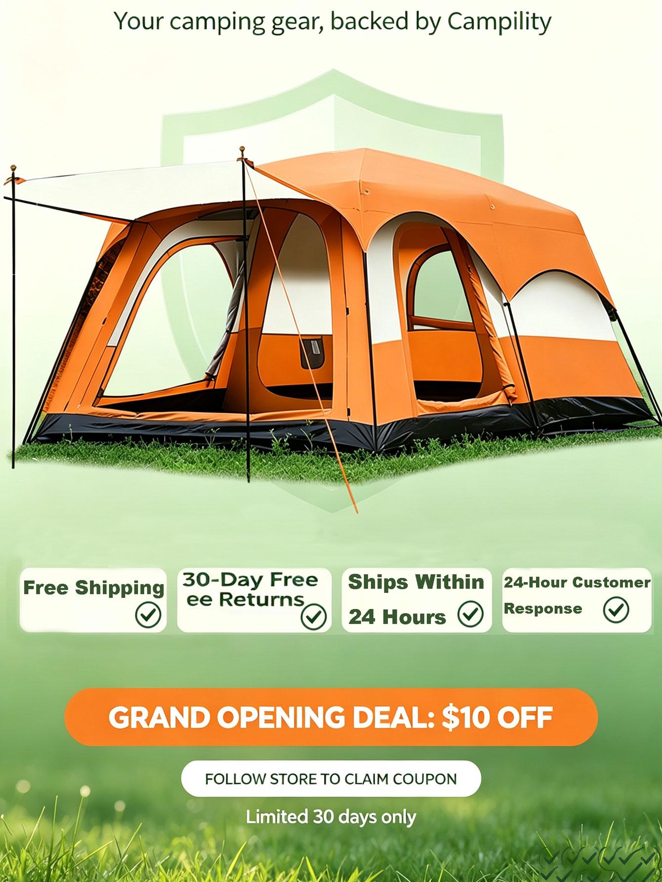 【Family Camping Tent】10-12 Person Extra Large Waterproof Easy Setup Oxford Straight Wall 2 Rooms Mesh Windows 3 Doors for Summer Camping Hiking Glamping Friends & Family Gatherings Camping Essentials National Park Week Labor Day Gift