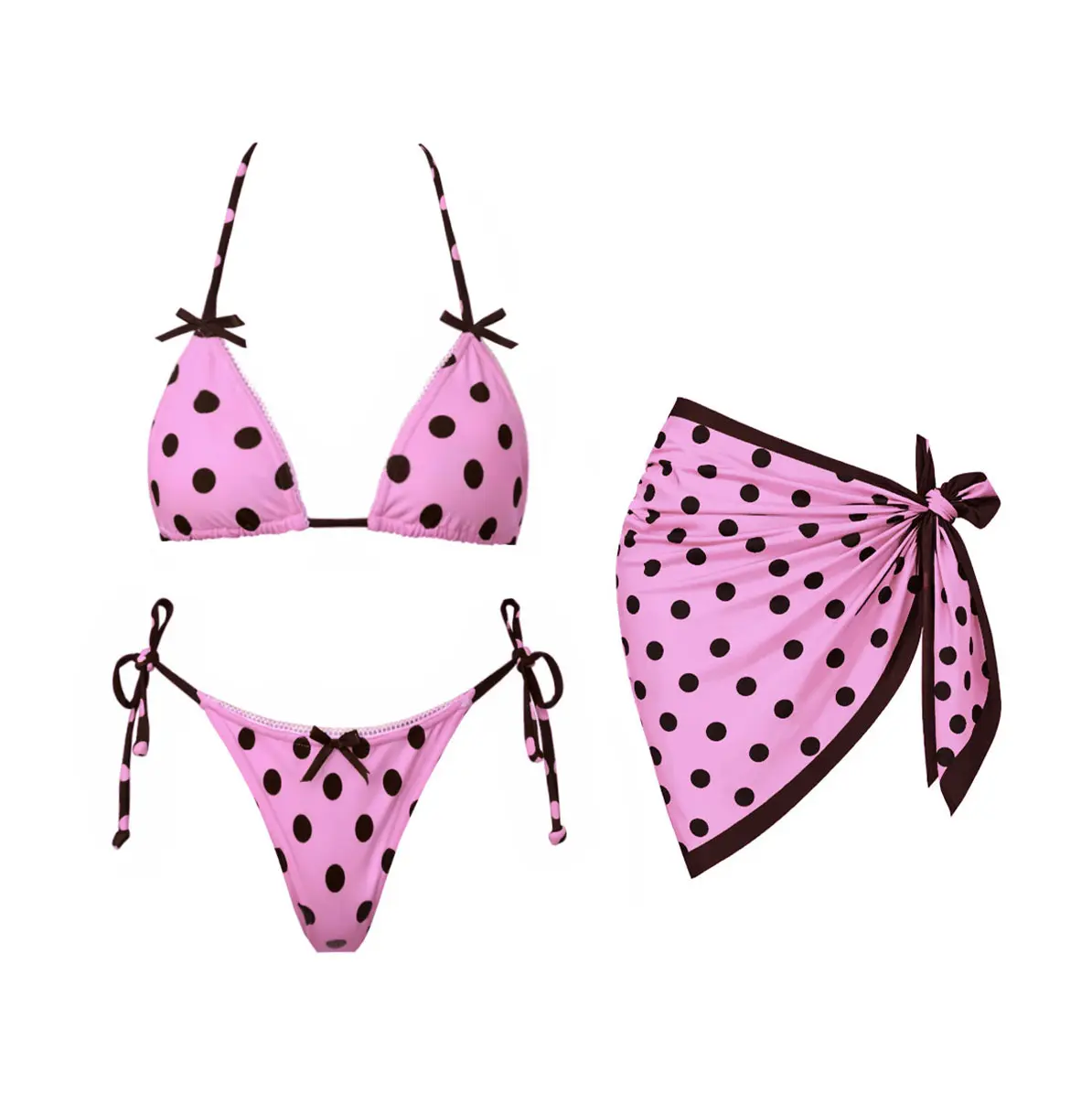 2026 Fashion Polka Dot Color-Block Triangle Bag Mini Bikini 3-Piece Set — Sexy Low-Rise Push-Up Bust Support Two-Piece Swimsuit for Women with Short Skirt; Holiday Casual Beachwear, Bathrobe, Hot Spring Outfit, Pool Vacation Wear