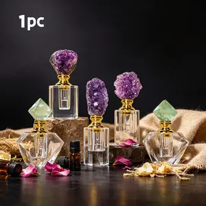 Natural Amethyst Cluster & Clear Crystal Essential Oil Dropper Bottle, Refillable Perfume Vial, Portable Gemstone Decor for Aromatherapy, Crystal Decorative Ornaments