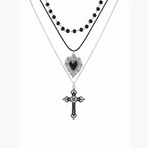 Cider HEART & CROSS & BEADED LAYERED NECKLACE