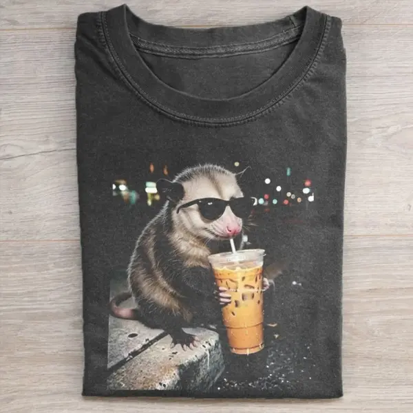 Comfort Colors Funny Opossum Drinking Iced Coffee T-shirt, Vintage 90s Edgy Opossum Meme Tee, Unisex Fit Design, Casual Streetwear, Gift for Opossum Lovers