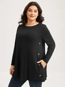 【 Oversized】 Bloomchic Round Neck Button Slim-Fit Knit Top - Black Extra Long Sleeve Loose Fit Medium Stretch Tunic for Leisure Winter Casual