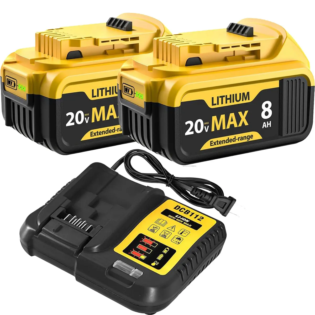 2-Pack 8000mAh Lithium Ion Batteries & DCB112 Intelligent Protection Charger Combo, 12V-20V Replacement for Dewalt 20V MAX DCB200, DCB205, DCB206 Power Tool Batteries, 30-Day Refund