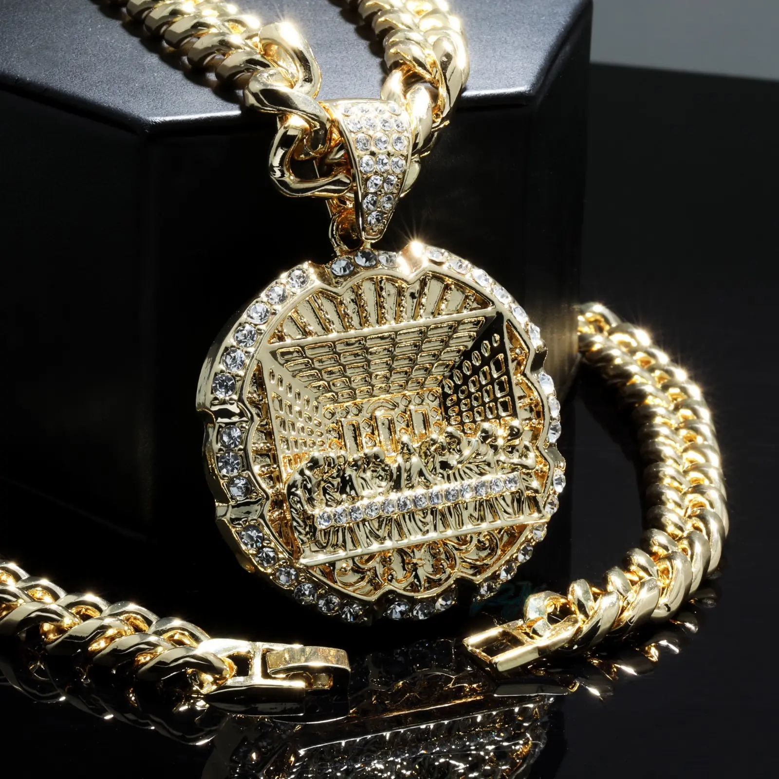 MaxBling81 Men's Iced Gold-Plated Large Jesus Last Supper CZ Pendant & 10mm Cuban Link Chain Necklace, 18"-30" Length, 70mm Diameter, High-Quality Polished Finish, Religious Adult Jewelry, Fashion Accessory Chain Gift, Chains, Accessories