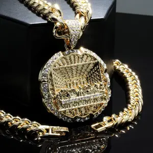 MaxBling81 Men's Iced Gold-Plated Large Jesus Last Supper CZ Pendant & 10mm Cuban Link Chain Necklace, 18"-30" Length, 70mm Diameter, High-Quality Polished Finish, Religious Adult Jewelry, Fashion Accessory Chain Gift, Chains, Accessories
