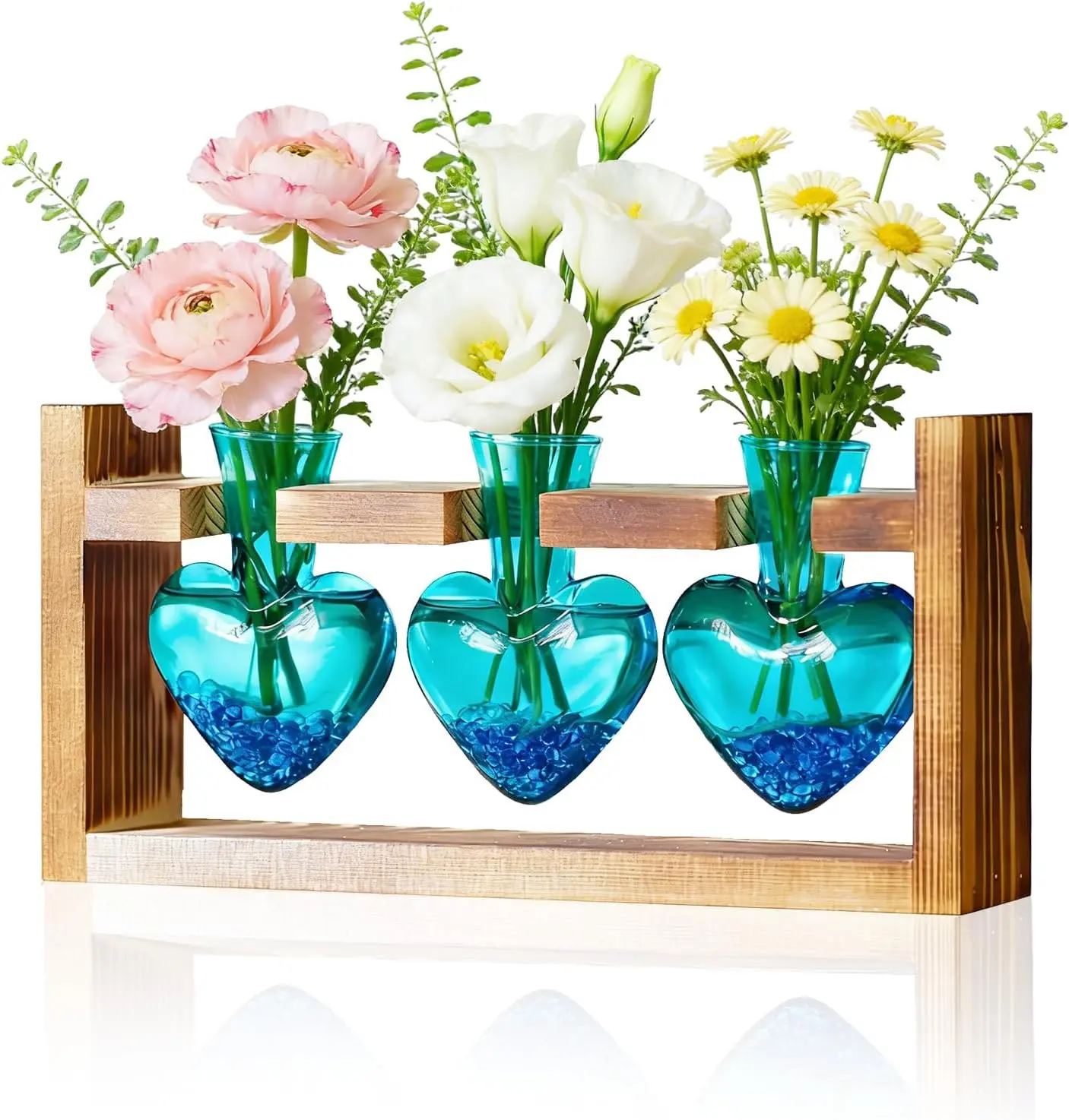 summerwins 3-Bulb Glass Flower Vase with Wooden Stand - Retro Hydroponic Plant Terrarium Propagation Station, Photo Flower Arrangement Vase, Tabletop Home Decor for Window Rooms - Women's Plant Lover Gift
