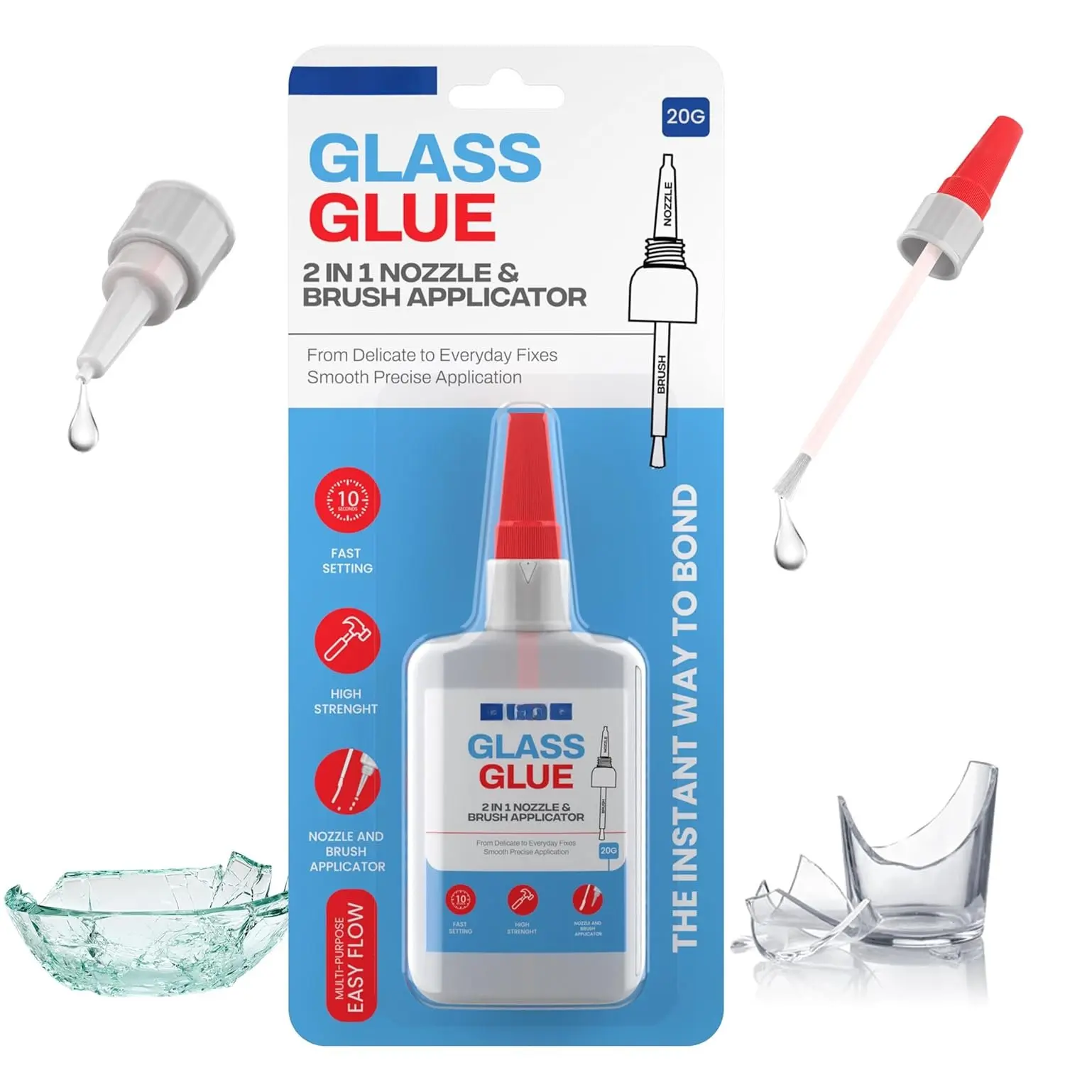 (2-in-1) Super Glue for Glass, Controlled Application with Fine Brush & Nozzle,  Setting Formula, Stain & Spot Free Glass Glue Clear Repair Heavy Duty,  and Heat Tolerant