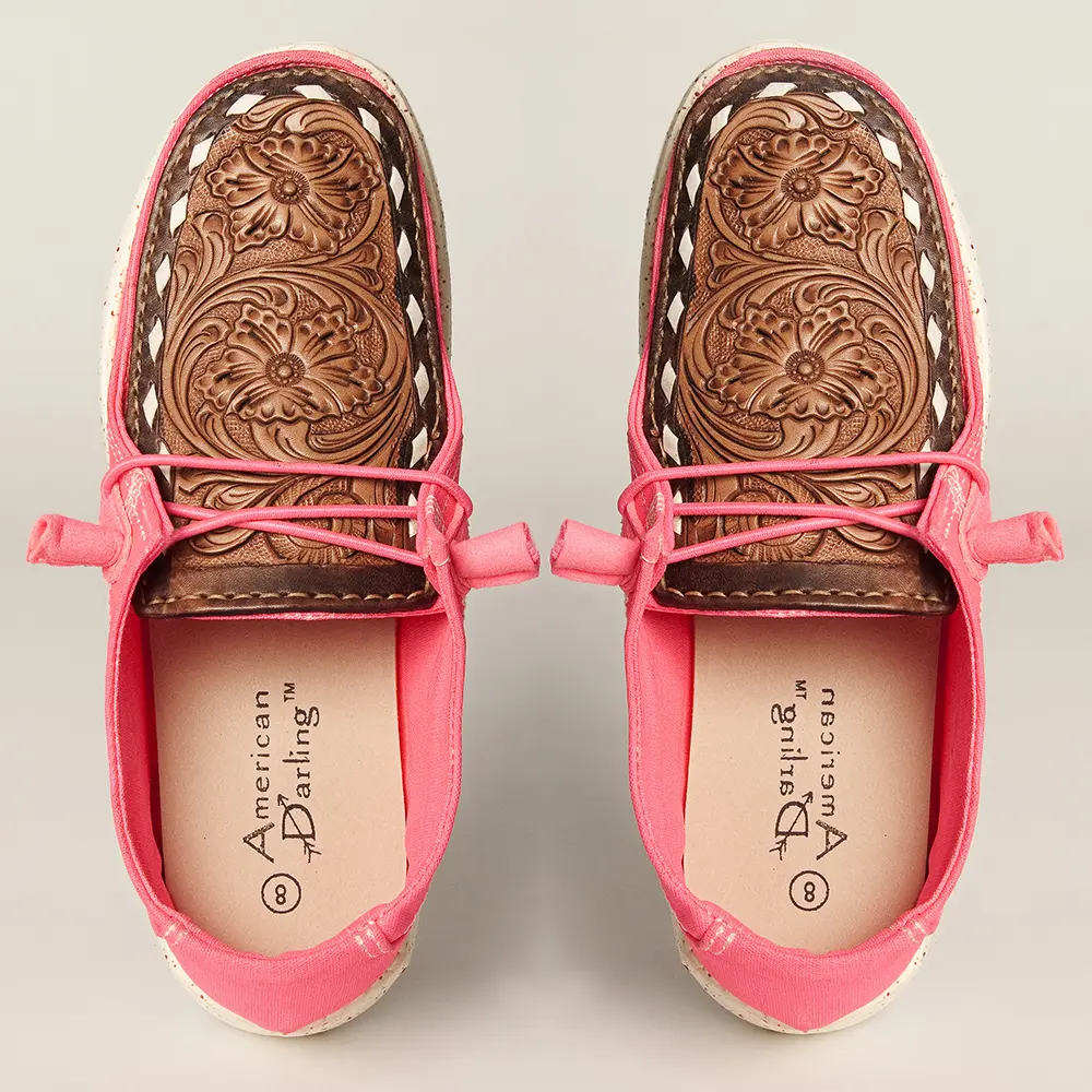 American Darling Hand tooled, carved genuine leather trim lightweight shoe footwear, slip on| Tooled Footwear