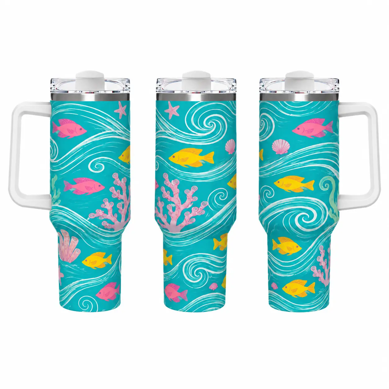 40oz Teal Turquoise Underwater Tropical Fish Coral Wave Print Insulated Stainless Steel Tumbler with Handle, Sea Starfish Seashell Pattern, Double-Walled Hot-Cold Retention, Leak-Proof Straw Lid Travel Bottle for Summer Beach Vacation Coastal Gift, Water