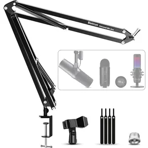 Microphone Arm Desk Mount, Bietrun Upgrade Thick Arm＆Strong Pull Metal Scissor Desk Boom Arm for Blue Yeti/Wave/Snowball/Quadcast/Shure SM7B/SM58/MV7, with 3/8" Plug, 3/8" to 5/8" Adapter, Mic Clip