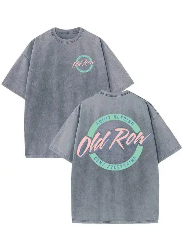 Vintage Washed Old Row Admit Nothing Deny Everything Double Sided Tee Circular Old Row Script Front & Back Print Pastel Circle Logo Graphic Oversized Grey Acid Wash Casual Tee