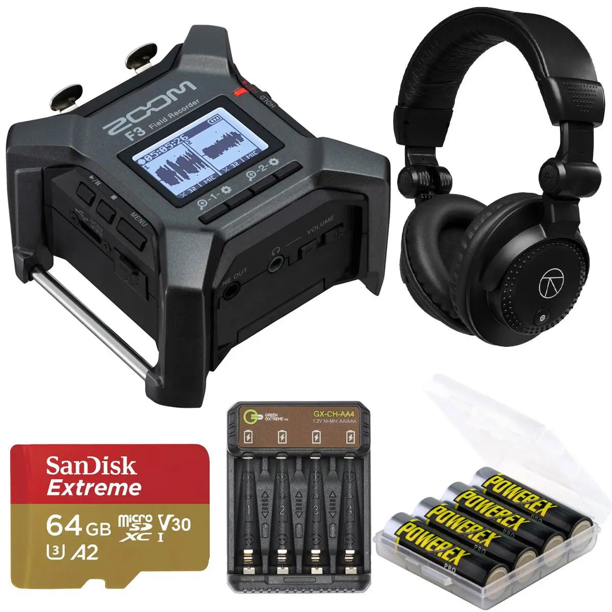 Zoom F3 2-Channel 2-Track Audio Field Recorder Bundle with 64GB Memory Card, TAPH100 Headphones, 4x AA NiMH Batteries, GX-CH-AA4 4-Bay Charger, Micro USB Adapter Device