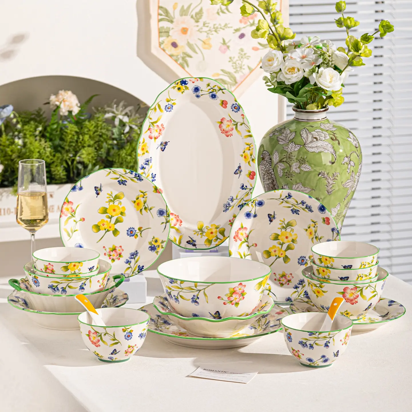 8/14/23 Piece Ceramic Dinnerware Set, Includes Plates Bowls Spoons Chopsticks, Microwave & Oven Safe, Floral Pattern, Kitchen Use, Ceramic Dish Set, Dinner Sets, Tableware Set, Dinnerware Service Set, Dishware Sets