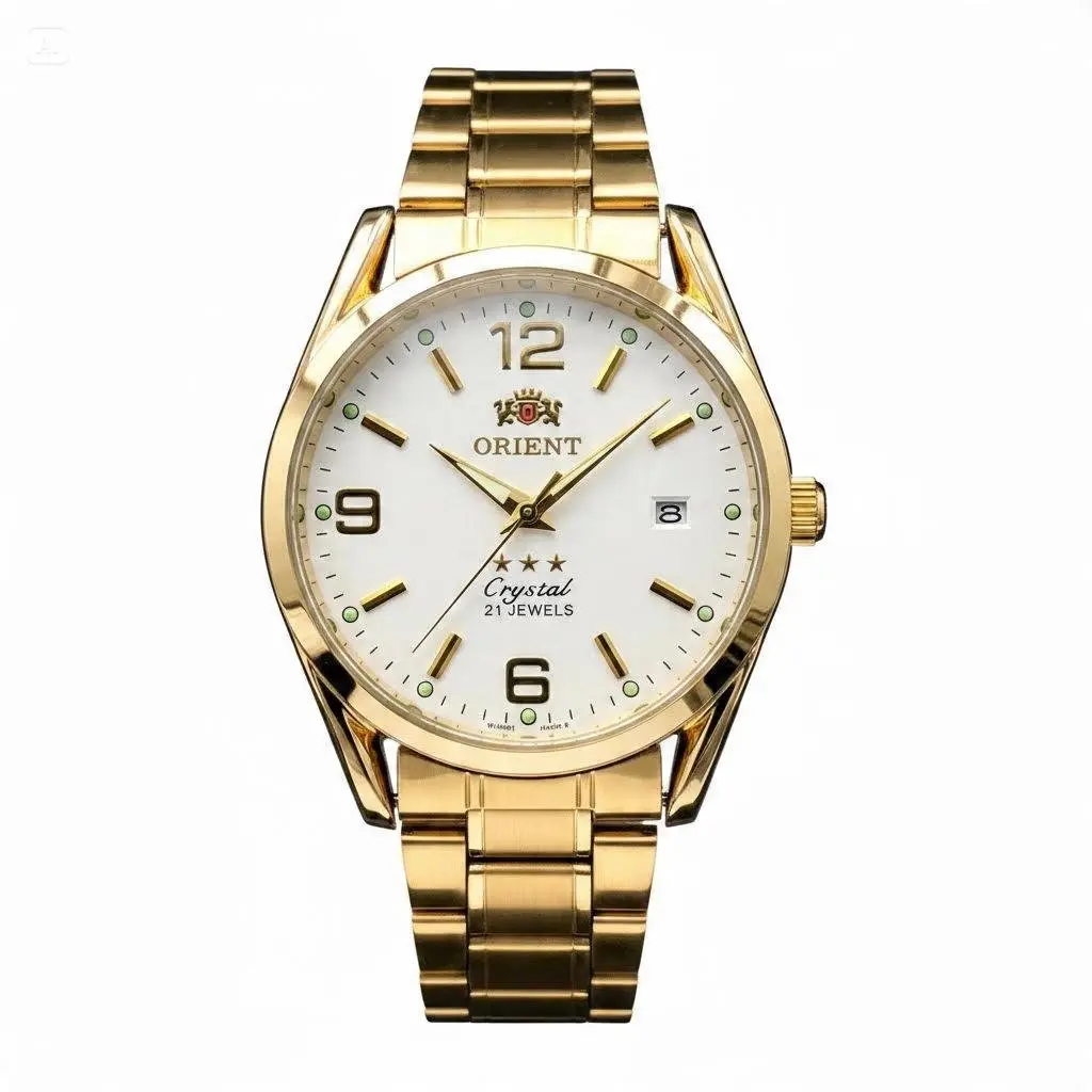 Orient Crystal Men's Mechanical Wrist Watch - 21 Jewels, Gold Tone, White Dial, Date Display