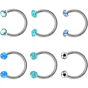 6pc 16g Internally Threaded Horseshoe Nose Septum Lip Ring Surgical Steel Zircon Opal Ball Hoop Ear Piercing Jewlry
