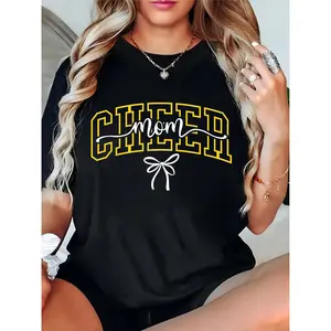 Women’s Cheer Mom Graphic T-Shirt with Yellow “Cheer” & White Bow, Casual Sports Game Day Top for Cheerleading Moms 100% Cotton T-shirt