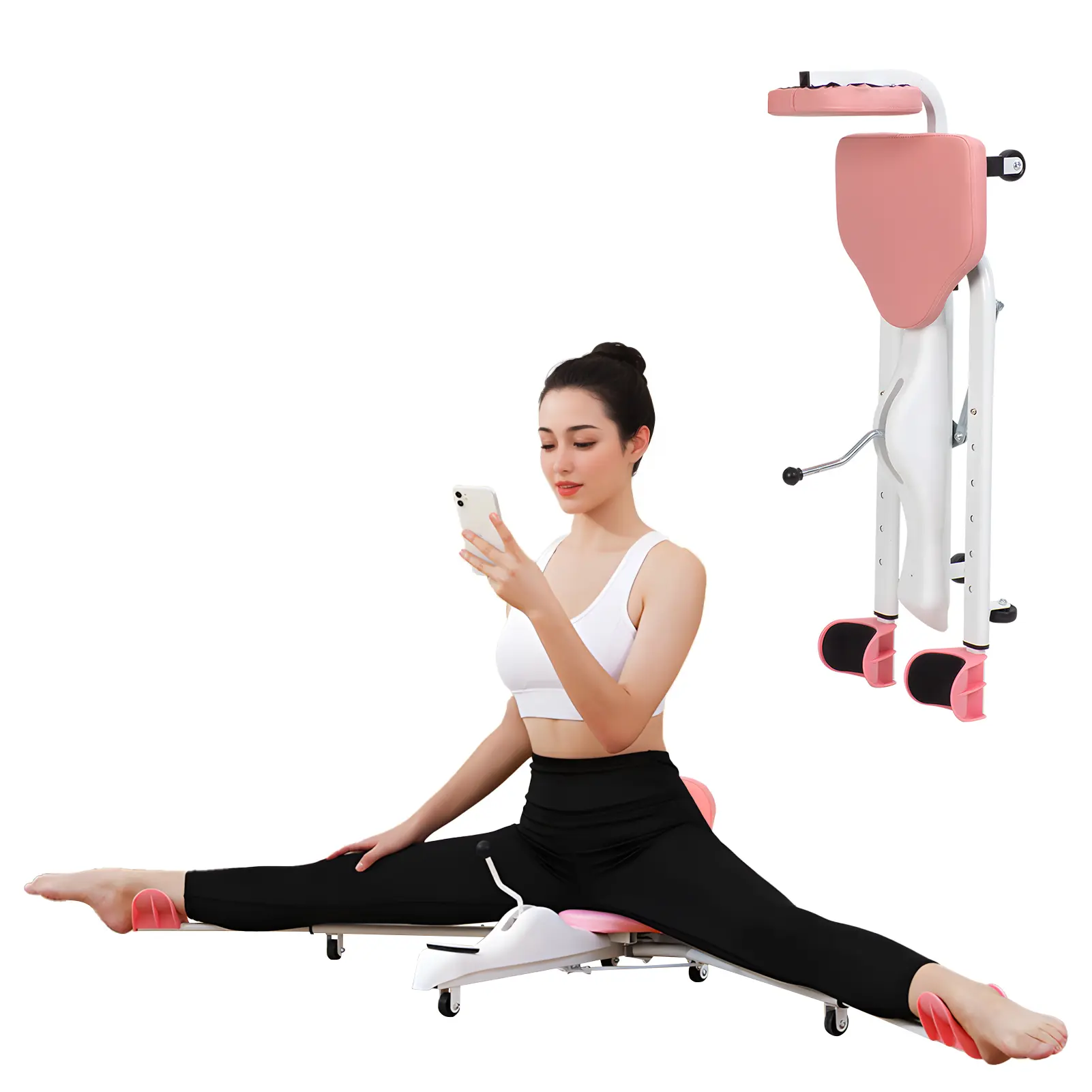 Heavy-Duty Pink Sports Leg Stretcher with Padded Leather Straps for Dancing, Gymnastics, and Martial Arts, Portable Machine for Mastering Splits and Flexibility Training, Adjustable, Steel, Silent Wheels, Daily Stretching Routine, Martial Artists, 300Lbs,