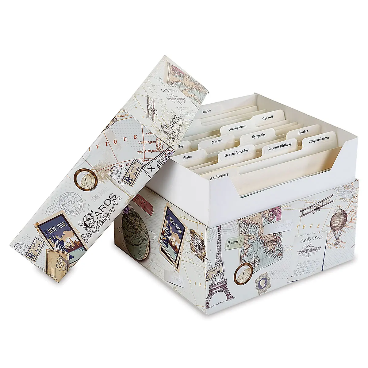 Lillian Vernon  World Travel Greeting Card Organizer Box with Dividers - Store 140+ Christmas, Valentine, & Birthday Cards, Recipe Cards, Photo Collections, Postcards, Stationery, 7" x 9" x 9-1/2"