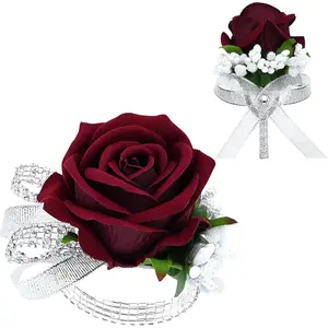 2Pcs Burgundy Rose-Shaped Artificial Flowers Set - Wrist Corsage Wristlet Bracelet, Men's Boutonniere for Wedding, Formal Dinner Decorative Accessories (Home Decor)