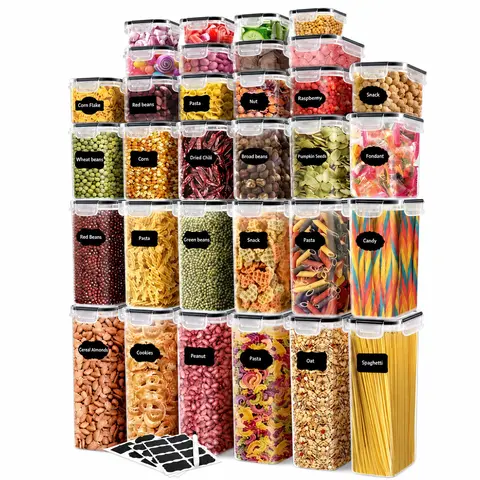 AISOON 68-Piece BPA-Free Plastic Kitchen Canisters Set - Silicone-Sealed Stackable Snack Containers, Dustproof Storage Jars, Leak-Proof Transparent Kitchen Supplies with Labels, Spoon, 6 Sizes, Dishwasher-Safe for Storage Organization