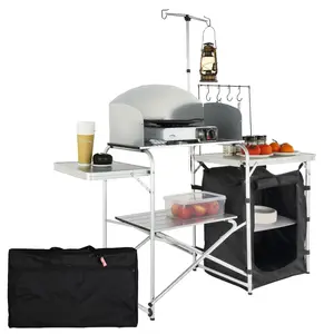 fathersdaygift VEVOR Camping Kitchen Table, Folding Outdoor Cooking Table with Storage Carrying Bag, Aluminum Cook Station 1 Cupboard Detachable Windscreen, Quick Set-up for Picnics, BBQ, RV Traveling, Black